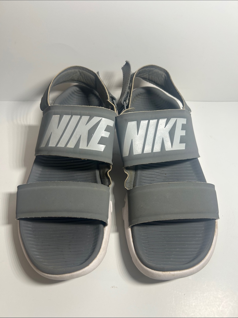 Nike Gray and White Bold Logo Dual Strap Sandals